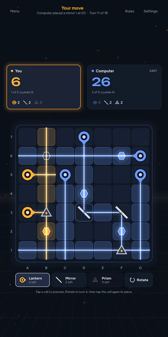 A game in progress: amber and blue beams crossing the board