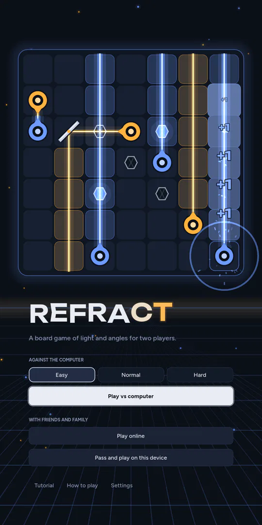 Refract's menu, with a game playing itself on the board